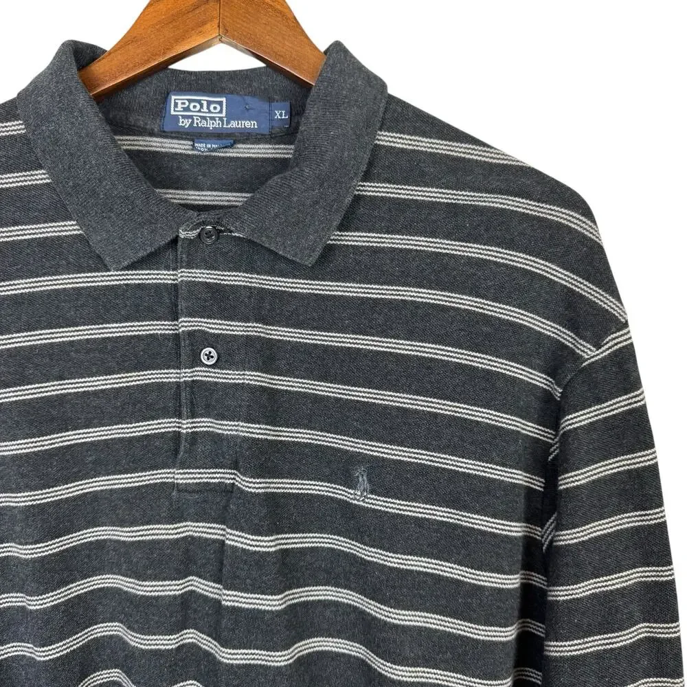 Polo by Ralph Lauren Men's Charcoal Gray Stripe Long Sleeve Polo Collared Shirt
